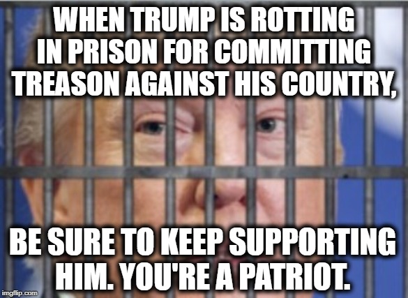Support Him All The Way Down! | WHEN TRUMP IS ROTTING IN PRISON FOR COMMITTING TREASON AGAINST HIS COUNTRY, BE SURE TO KEEP SUPPORTING HIM. YOU'RE A PATRIOT. | image tagged in donald trump,impeach trump,impeach,prison,treason,traitor | made w/ Imgflip meme maker