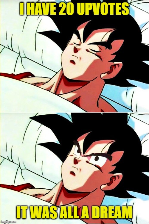 goku sleeping wake up | I HAVE 20 UPVOTES IT WAS ALL A DREAM | image tagged in goku sleeping wake up | made w/ Imgflip meme maker