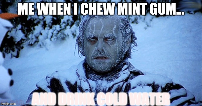 Freezing cold | ME WHEN I CHEW MINT GUM... AND DRINK COLD WATER | image tagged in freezing cold | made w/ Imgflip meme maker