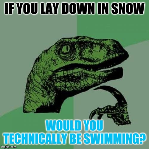 Swimming | IF YOU LAY DOWN IN SNOW; WOULD YOU TECHNICALLY BE SWIMMING? | image tagged in memes,philosoraptor,summer,winter,funny,im out of tag ideas | made w/ Imgflip meme maker