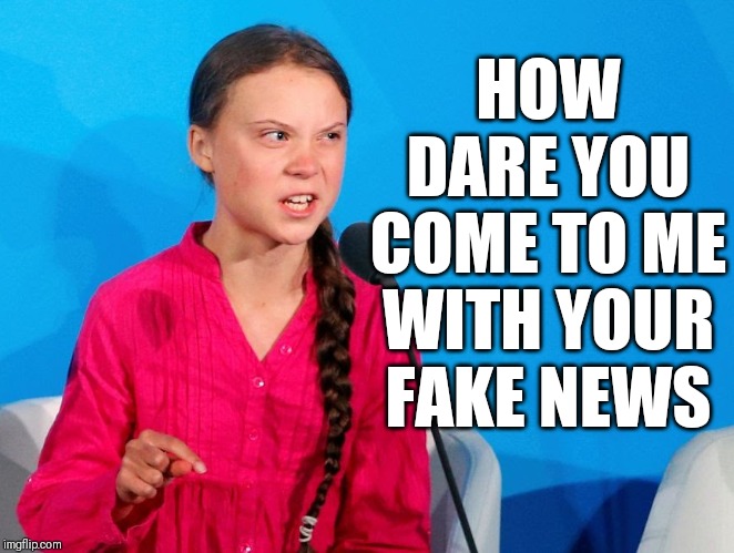 Give em The Greta | HOW DARE YOU COME TO ME WITH YOUR FAKE NEWS | image tagged in greta thunberg,global warming,fake news | made w/ Imgflip meme maker