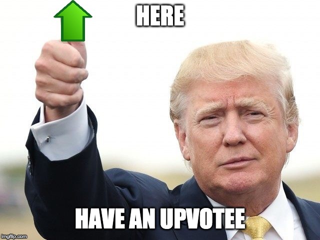 Trump Upvote | HERE HAVE AN UPVOTEE | image tagged in trump upvote | made w/ Imgflip meme maker