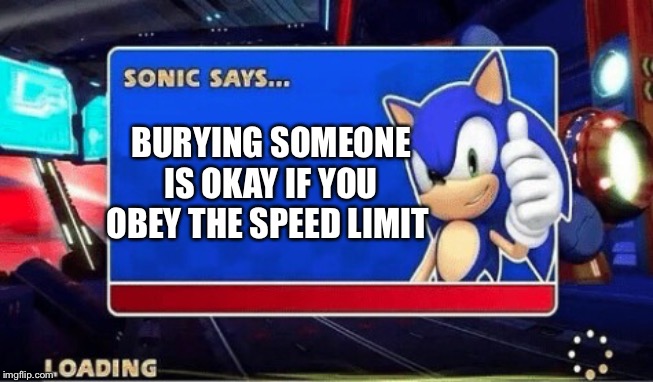 Sonic Says | BURYING SOMEONE IS OKAY IF YOU OBEY THE SPEED LIMIT | image tagged in sonic says | made w/ Imgflip meme maker