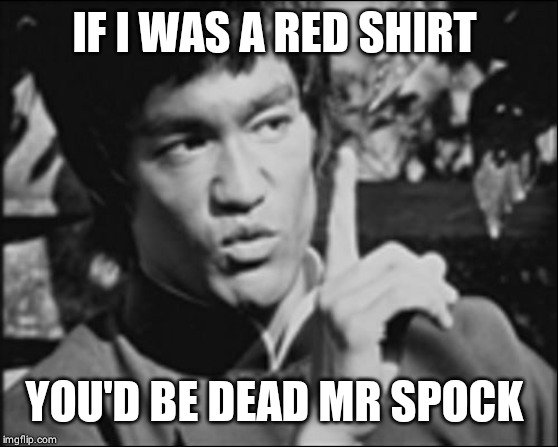 One Bruce Lee | IF I WAS A RED SHIRT YOU'D BE DEAD MR SPOCK | image tagged in one bruce lee | made w/ Imgflip meme maker