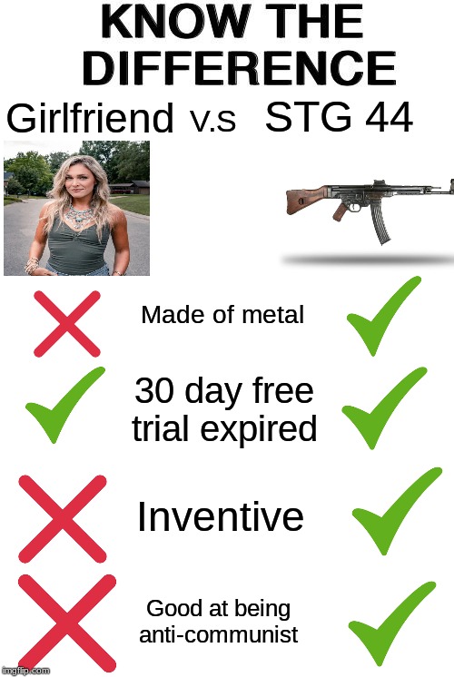 Girlfriend V.S STG 44 | STG 44; Girlfriend; V.S; Made of metal; 30 day free trial expired; Inventive; Good at being anti-communist | image tagged in know the difference,memes,funny | made w/ Imgflip meme maker