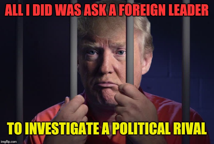 Trump Prison | ALL I DID WAS ASK A FOREIGN LEADER; TO INVESTIGATE A POLITICAL RIVAL | image tagged in trump prison | made w/ Imgflip meme maker