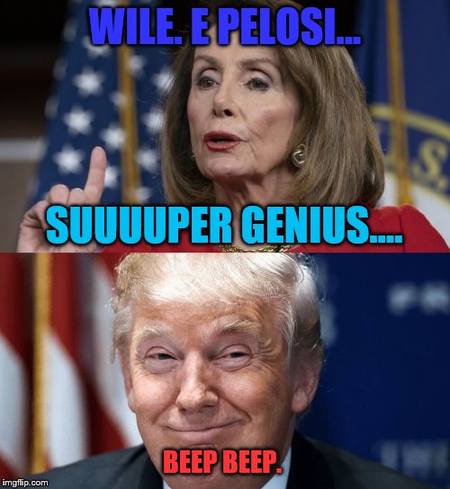 Wile E Pelosi | WILE. E PELOSI... SUUUUPER GENIUS…. BEEP BEEP. | image tagged in donald trump,nancy pelosi | made w/ Imgflip meme maker