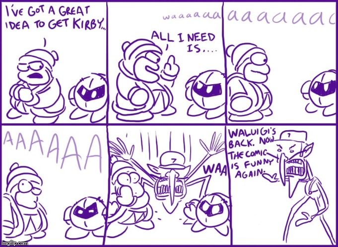 Waluigi, get outta planet Popstar!(Comic from brawl of the family) | image tagged in brawl of the family,botf,kirby,waluigi,memes | made w/ Imgflip meme maker