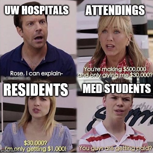 You guys are getting paid? | ATTENDINGS; UW HOSPITALS; RESIDENTS; MED STUDENTS | image tagged in you guys are getting paid | made w/ Imgflip meme maker
