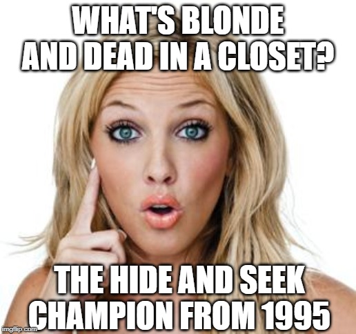 That is a Dumb Blonde | WHAT'S BLONDE AND DEAD IN A CLOSET? THE HIDE AND SEEK CHAMPION FROM 1995 | image tagged in dumb blonde | made w/ Imgflip meme maker
