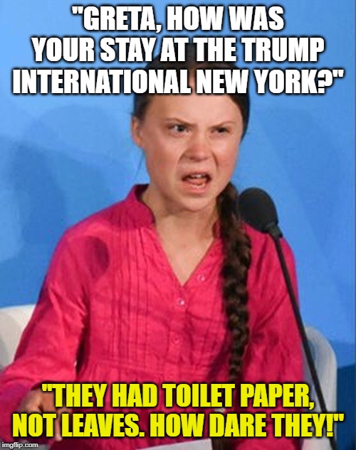 Greta Thunberg how dare you | "GRETA, HOW WAS YOUR STAY AT THE TRUMP INTERNATIONAL NEW YORK?"; "THEY HAD TOILET PAPER, NOT LEAVES. HOW DARE THEY!" | image tagged in greta thunberg how dare you | made w/ Imgflip meme maker