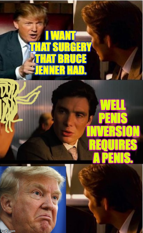 Inception Meme | I WANT THAT SURGERY THAT BRUCE JENNER HAD. WELL P**IS INVERSION REQUIRES A P**IS. | image tagged in memes,inception | made w/ Imgflip meme maker