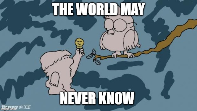 Tootsie Pop Owl | THE WORLD MAY NEVER KNOW | image tagged in tootsie pop owl | made w/ Imgflip meme maker