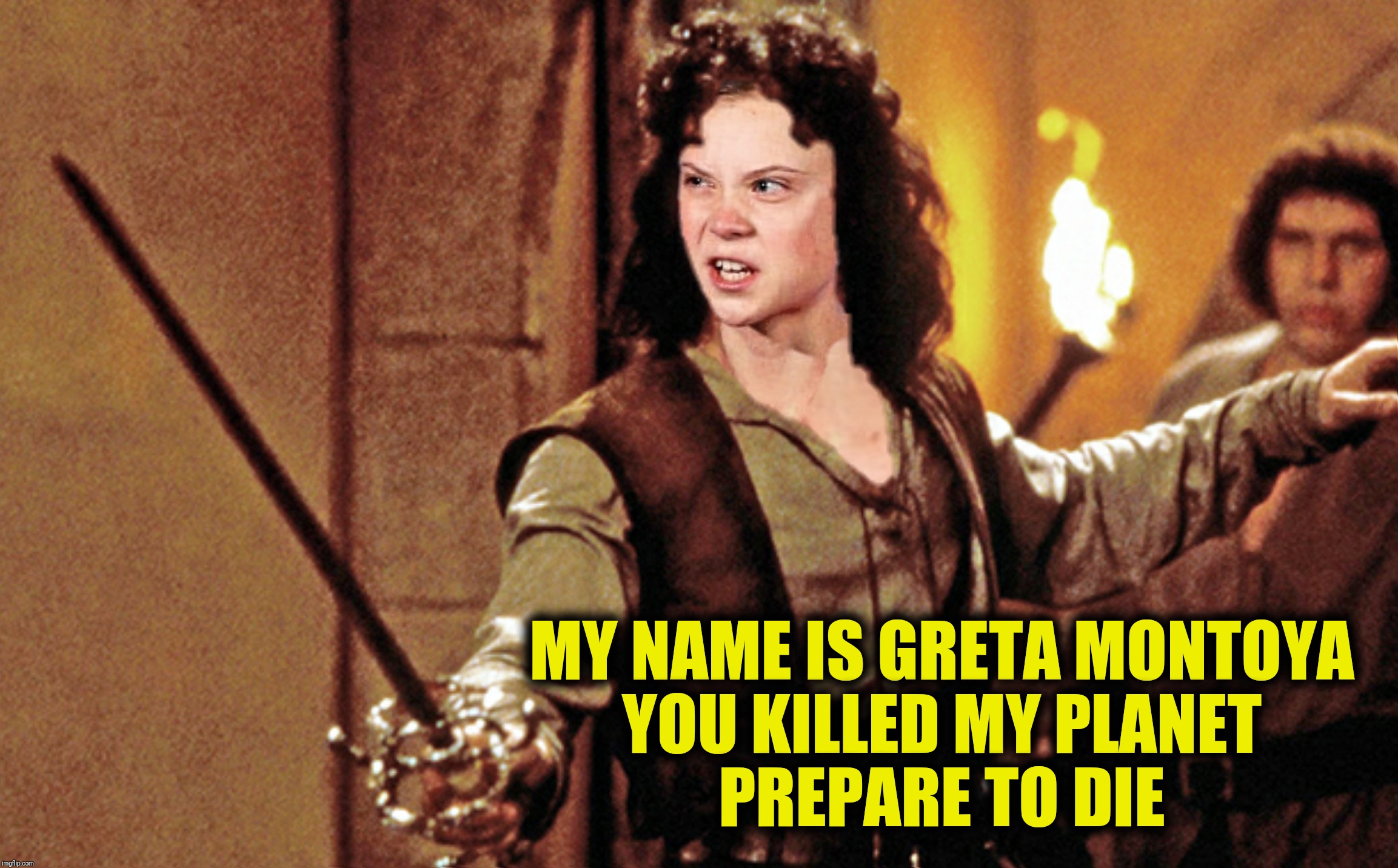 Change.  I keep saying that word.  I don't think it means what I think it means. | MY NAME IS GRETA MONTOYA
YOU KILLED MY PLANET
PREPARE TO DIE | image tagged in inigo montoya,greta thunberg,the princess bride | made w/ Imgflip meme maker