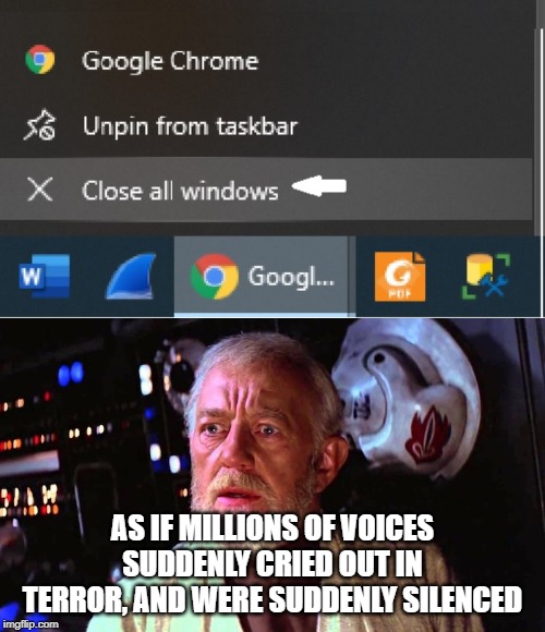 Chrome force | AS IF MILLIONS OF VOICES SUDDENLY CRIED OUT IN TERROR, AND WERE SUDDENLY SILENCED | image tagged in google chrome,star wars,computers,funny | made w/ Imgflip meme maker