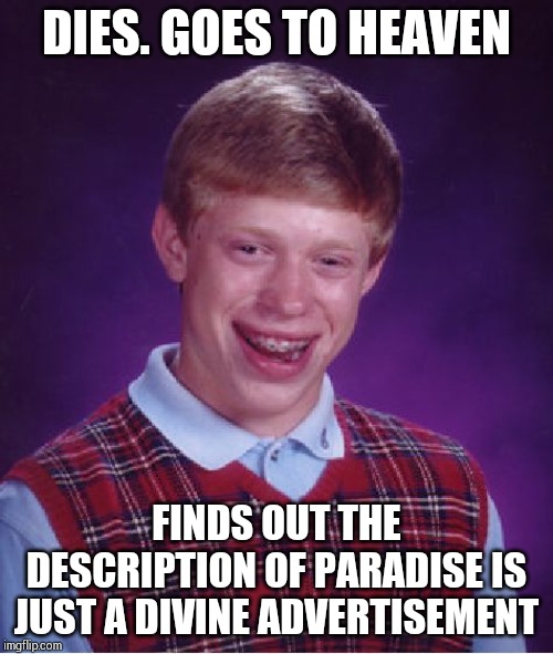 Bad Luck Brian Meme | DIES. GOES TO HEAVEN; FINDS OUT THE DESCRIPTION OF PARADISE IS JUST A DIVINE ADVERTISEMENT | image tagged in memes,bad luck brian | made w/ Imgflip meme maker