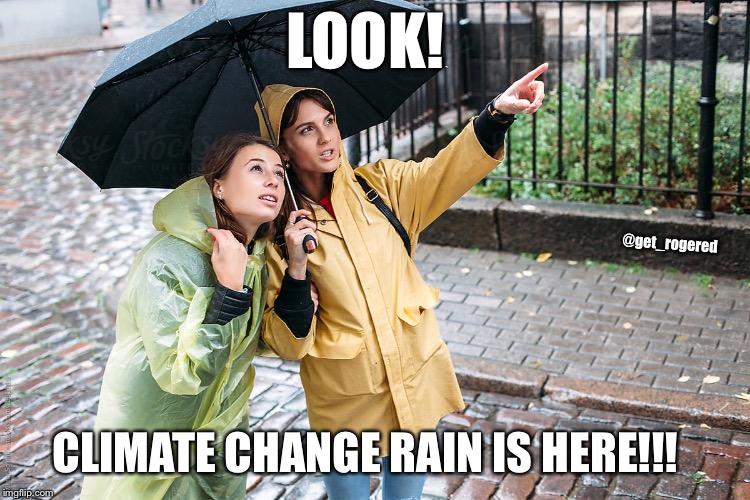 Pointing in the rain | LOOK! @get_rogered; CLIMATE CHANGE RAIN IS HERE!!! | image tagged in pointing in the rain | made w/ Imgflip meme maker