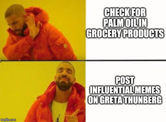Humans | CHECK FOR PALM OIL IN GROCERY PRODUCTS; POST INFLUENTIAL MEMES ON GRETA THUNBERG | image tagged in orange jacket guy,environment,rain forests,palm oil | made w/ Imgflip meme maker