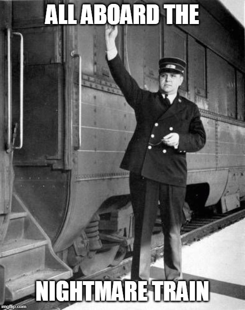 TRAIN CONDUCTOR | ALL ABOARD THE NIGHTMARE TRAIN | image tagged in train conductor | made w/ Imgflip meme maker