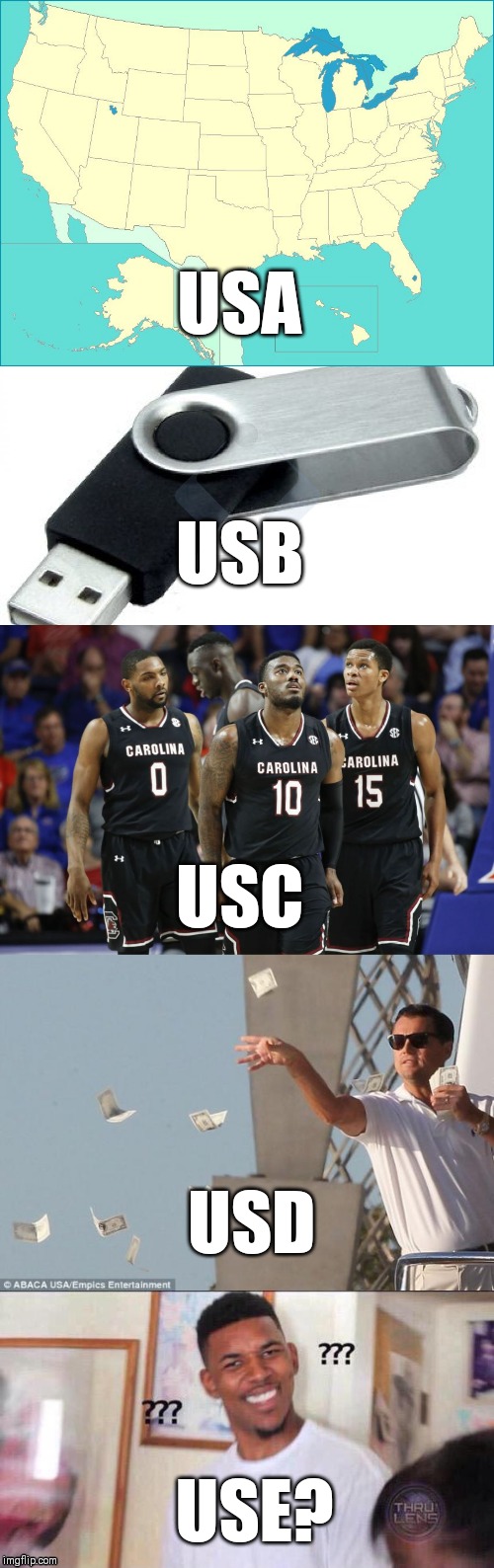Is IT useful? | USA; USB; USC; USD; USE? | image tagged in cash money,black guy confused,usa map,usbpersa,final 4 usc | made w/ Imgflip meme maker