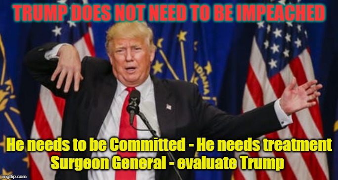 Trump is Insane - Commit Him | TRUMP DOES NOT NEED TO BE IMPEACHED; He needs to be Committed - He needs treatment
Surgeon General - evaluate Trump | image tagged in trump is insane,trump,insane,speaker pelosi,surgeon general | made w/ Imgflip meme maker
