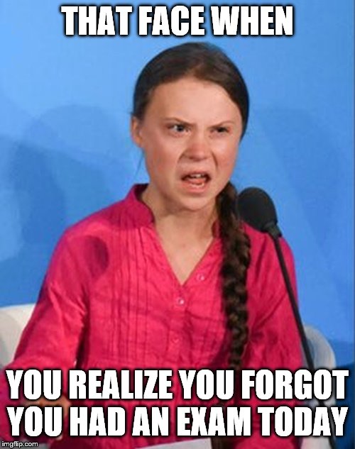I should be in school on the other side of the ocean! | THAT FACE WHEN; YOU REALIZE YOU FORGOT YOU HAD AN EXAM TODAY | image tagged in greta thunberg how dare you | made w/ Imgflip meme maker