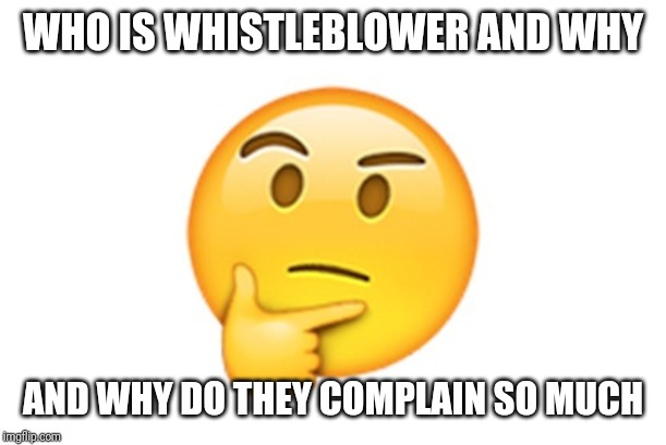 Thinking emoji | WHO IS WHISTLEBLOWER AND WHY; AND WHY DO THEY COMPLAIN SO MUCH | image tagged in thinking emoji | made w/ Imgflip meme maker