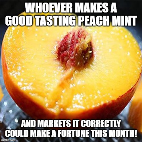 Peach mint | WHOEVER MAKES A GOOD TASTING PEACH MINT; AND MARKETS IT CORRECTLY COULD MAKE A FORTUNE THIS MONTH! | image tagged in peach | made w/ Imgflip meme maker