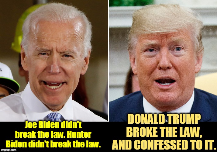 DONALD TRUMP BROKE THE LAW, AND CONFESSED TO IT. Joe Biden didn't break the law. Hunter Biden didn't break the law. | image tagged in biden,trump,criminal | made w/ Imgflip meme maker