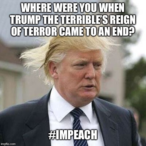 Donald Trump | WHERE WERE YOU WHEN TRUMP THE TERRIBLE’S REIGN OF TERROR CAME TO AN END? #IMPEACH | image tagged in donald trump,impeach trump,terror,loser | made w/ Imgflip meme maker