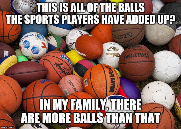 sports balls | THIS IS ALL OF THE BALLS THE SPORTS PLAYERS HAVE ADDED UP? IN MY FAMILY, THERE ARE MORE BALLS THAN THAT | image tagged in sports balls | made w/ Imgflip meme maker