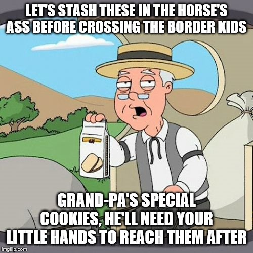 Pepperidge Farm Remembers | LET'S STASH THESE IN THE HORSE'S ASS BEFORE CROSSING THE BORDER KIDS; GRAND-PA'S SPECIAL COOKIES, HE'LL NEED YOUR LITTLE HANDS TO REACH THEM AFTER | image tagged in memes,pepperidge farm remembers | made w/ Imgflip meme maker