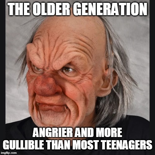 grumpy generation | THE OLDER GENERATION; ANGRIER AND MORE GULLIBLE THAN MOST TEENAGERS | image tagged in angry,gullible | made w/ Imgflip meme maker