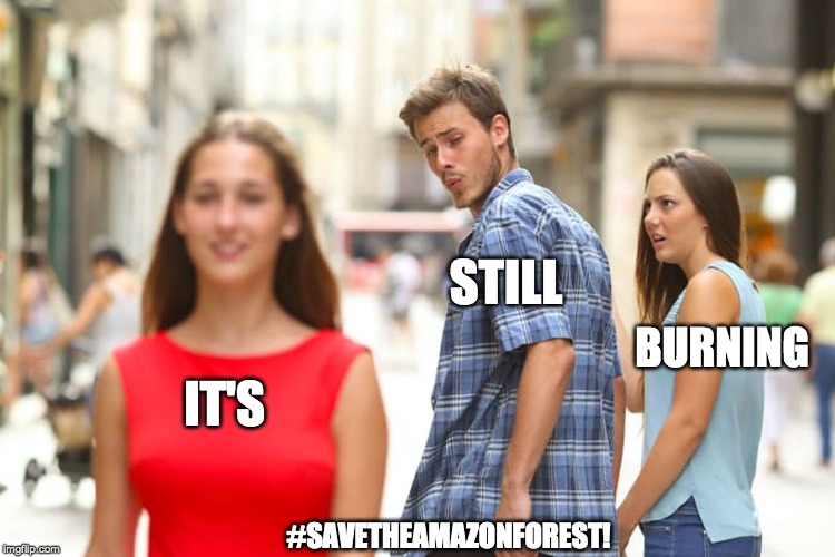 Distracted Boyfriend | STILL; BURNING; IT'S; #SAVETHEAMAZONFOREST! | image tagged in memes,distracted boyfriend | made w/ Imgflip meme maker