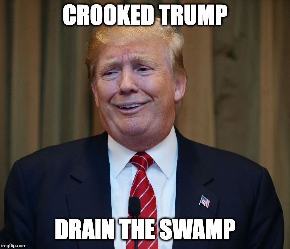 trump goofy face | CROOKED TRUMP; DRAIN THE SWAMP | image tagged in trump goofy face | made w/ Imgflip meme maker