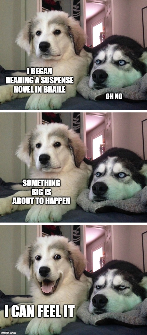 Bad pun dogs | I BEGAN READING A SUSPENSE NOVEL IN BRAILE; OH NO; SOMETHING BIG IS ABOUT TO HAPPEN; I CAN FEEL IT | image tagged in bad pun dogs | made w/ Imgflip meme maker