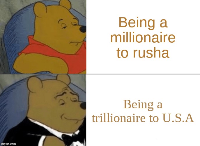 Tuxedo Winnie The Pooh | Being a millionaire to rusha; Being a trillionaire to U.S.A | image tagged in memes,tuxedo winnie the pooh | made w/ Imgflip meme maker