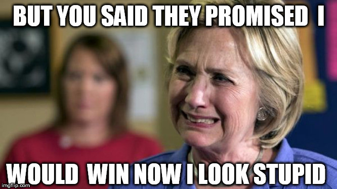 You didn't need  help to   LOOK DUMBER THAN A ROCK   LADY! | BUT YOU SAID THEY PROMISED  I; WOULD  WIN NOW I LOOK STUPID | image tagged in hillary crying,i look dumb,you said  i would  win | made w/ Imgflip meme maker