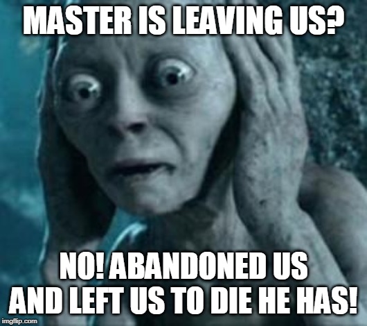 Scared Gollum | MASTER IS LEAVING US? NO! ABANDONED US AND LEFT US TO DIE HE HAS! | image tagged in scared gollum | made w/ Imgflip meme maker
