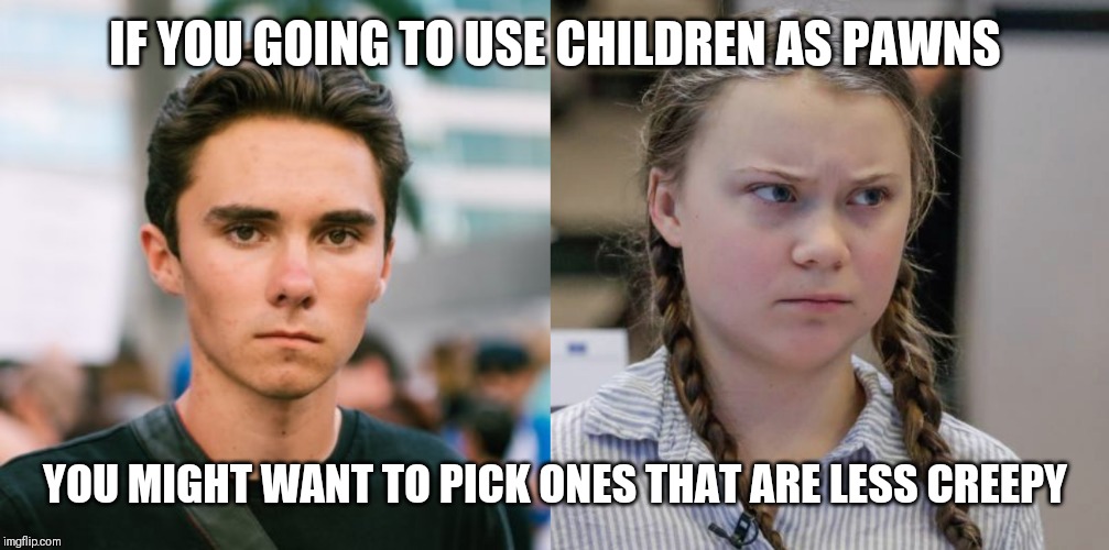 IF YOU GOING TO USE CHILDREN AS PAWNS; YOU MIGHT WANT TO PICK ONES THAT ARE LESS CREEPY | image tagged in david hogg,angry greta thunberg | made w/ Imgflip meme maker