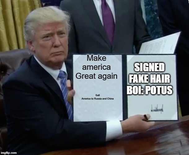 Trump Bill Signing | Make america Great again; SIGNED FAKE HAIR BOI: POTUS; Sell America to Russia and China | image tagged in memes,trump bill signing | made w/ Imgflip meme maker