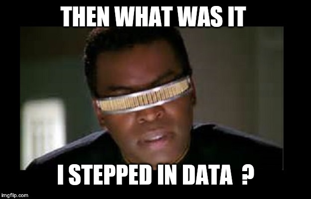 Geordi | THEN WHAT WAS IT I STEPPED IN DATA  ? | image tagged in geordi | made w/ Imgflip meme maker