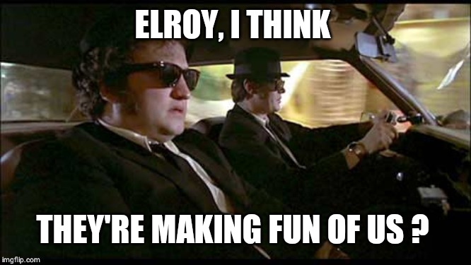 Blues Brothers | ELROY, I THINK THEY'RE MAKING FUN OF US ? | image tagged in blues brothers | made w/ Imgflip meme maker