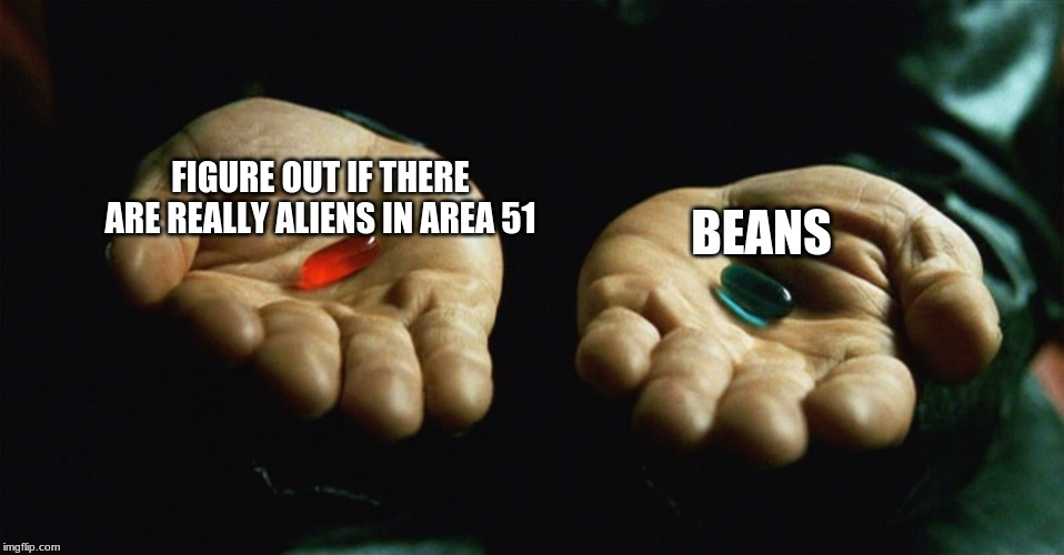 Red pill blue pill | BEANS; FIGURE OUT IF THERE ARE REALLY ALIENS IN AREA 51 | image tagged in red pill blue pill | made w/ Imgflip meme maker