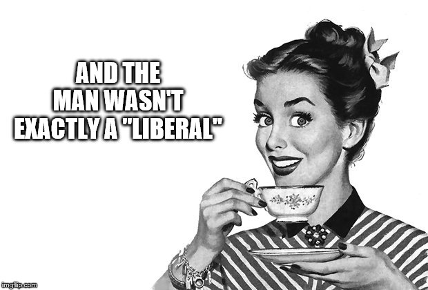 1950s Housewife | AND THE MAN WASN'T EXACTLY A "LIBERAL" | image tagged in 1950s housewife | made w/ Imgflip meme maker