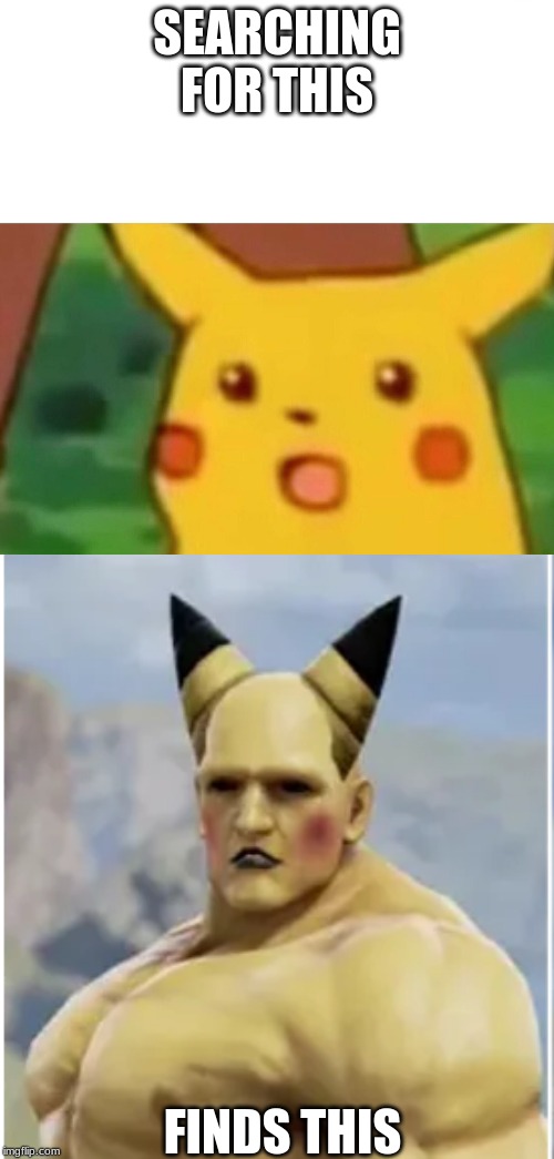 SEARCHING FOR THIS; FINDS THIS | image tagged in memes,surprised pikachu | made w/ Imgflip meme maker