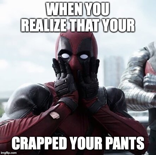 Deadpool Surprised Meme | WHEN YOU REALIZE THAT YOUR; CRAPPED YOUR PANTS | image tagged in memes,deadpool surprised | made w/ Imgflip meme maker