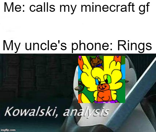 kowalski, analysis | Me: calls my minecraft gf; My uncle's phone: Rings | image tagged in kowalski analysis | made w/ Imgflip meme maker