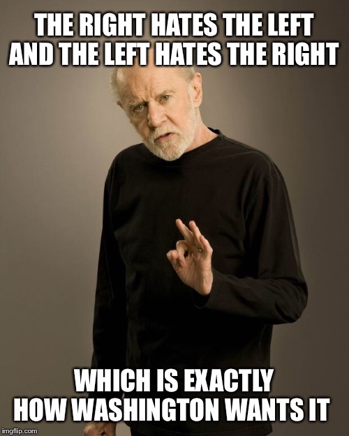 George Carlin | THE RIGHT HATES THE LEFT AND THE LEFT HATES THE RIGHT; WHICH IS EXACTLY HOW WASHINGTON WANTS IT | image tagged in george carlin | made w/ Imgflip meme maker
