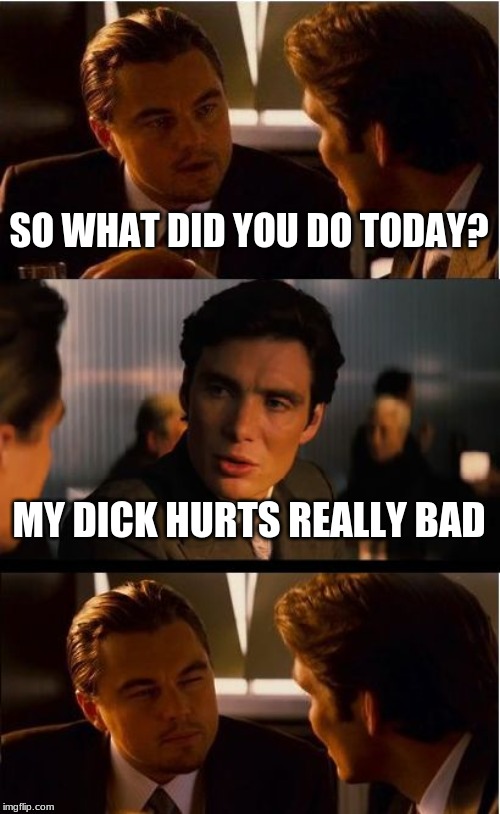 Inception Meme | SO WHAT DID YOU DO TODAY? MY DICK HURTS REALLY BAD | image tagged in memes,inception | made w/ Imgflip meme maker